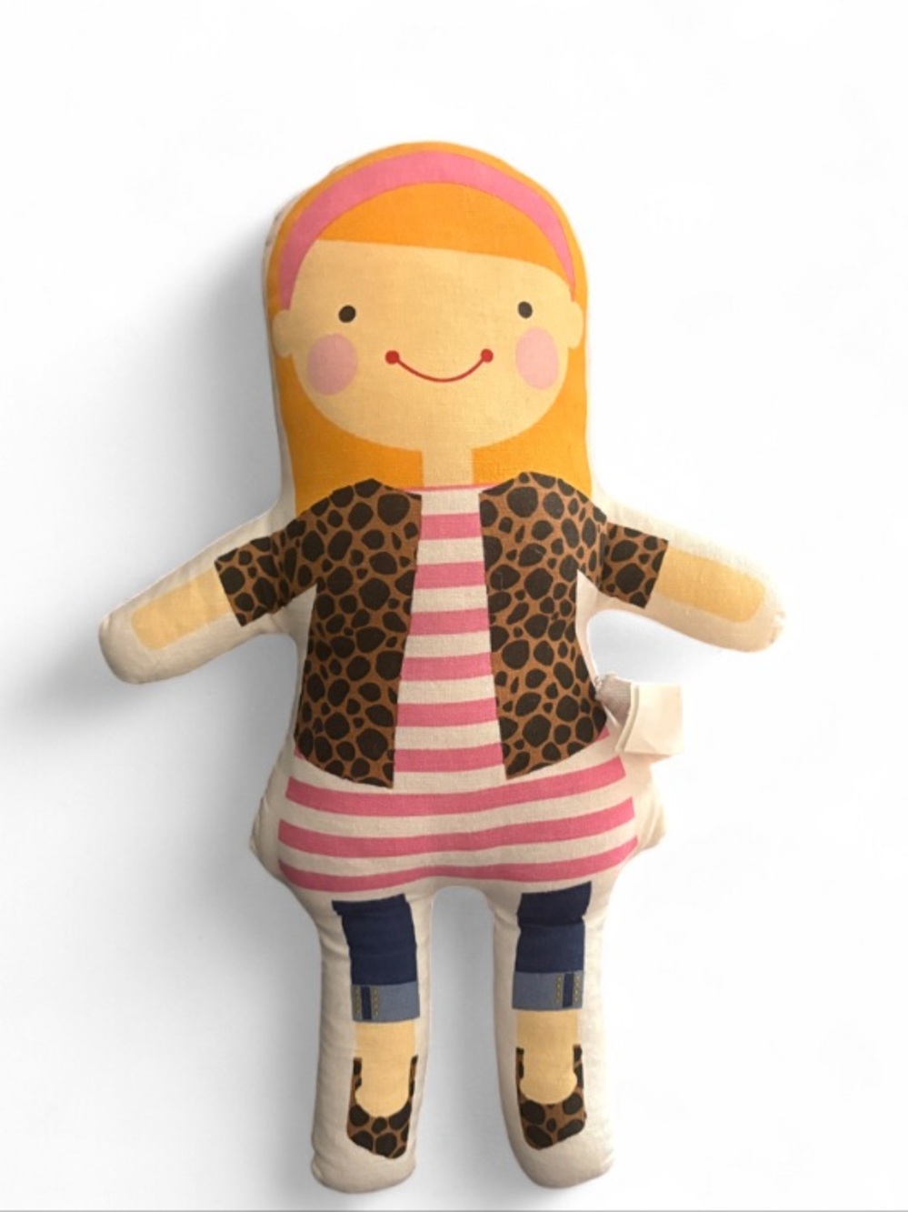 Girls Plush Doll in Pink Striped Dress and Leopard Jacket